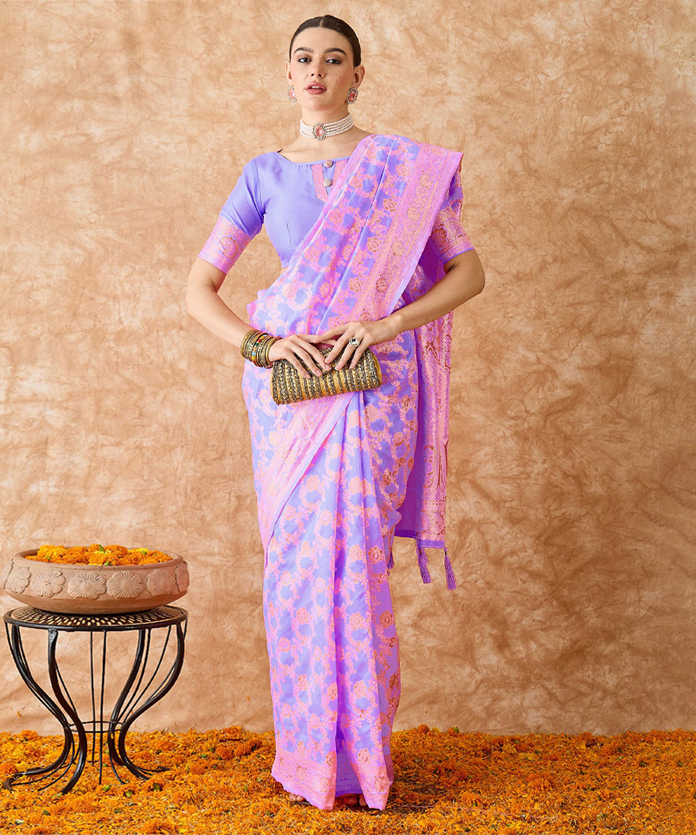 Lilac Saree with Pink Floral Prints and Zari Border