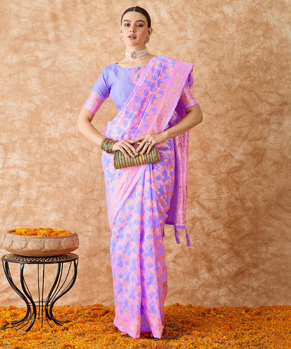 Lilac Saree with Pink Floral Prints and Zari Border