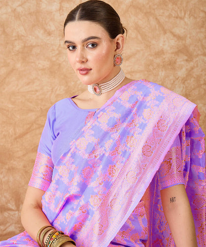 Lilac Saree with Pink Floral Prints and Zari Border