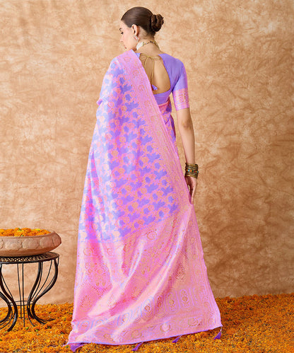 Lilac Saree with Pink Floral Prints and Zari Border