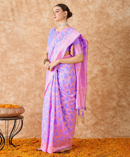 Lilac Saree with Pink Floral Prints and Zari Border