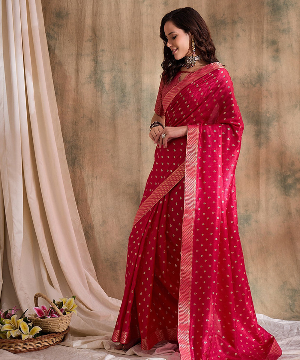 Rani Pink Woven Art Silk Saree with Zari Polka Dot Detailing