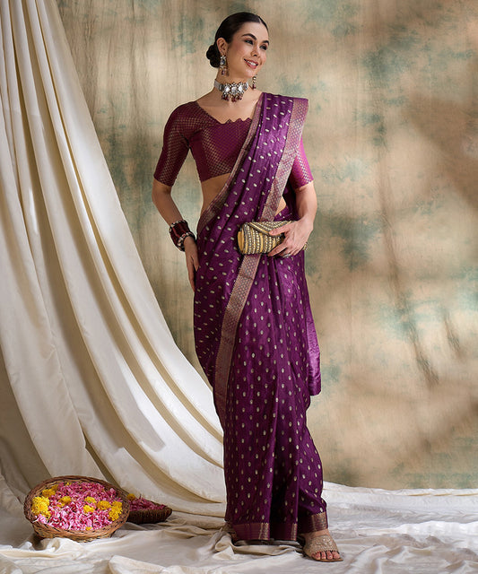 Purple Woven Art Silk Saree with Elegant Zari Polka Dots