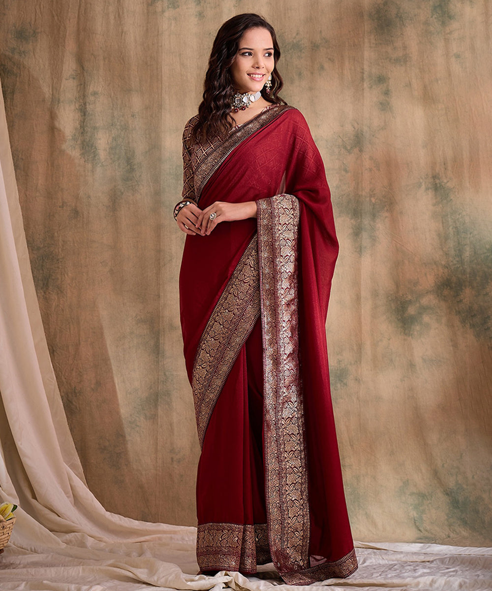 Deep Red Saree with Zari Woven Border & Blouse