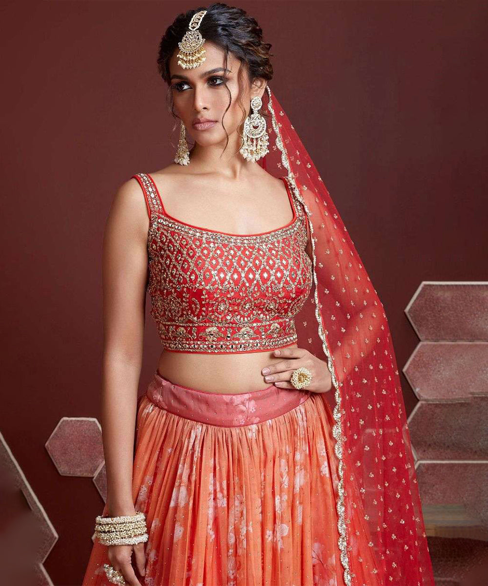 Gorgeous Orange Zari Embroidered Designer Organza Lehenga Choli