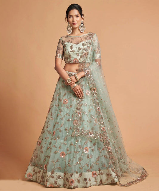 Pista Green Thread Embroidered Net Lehenga Choli