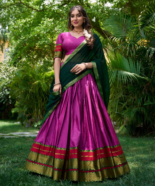 Pink Cotton-Poly Lehenga Choli with Elegant Zari Work