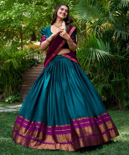 Teal Cotton-Poly Lehenga Choli with Zari Detailing