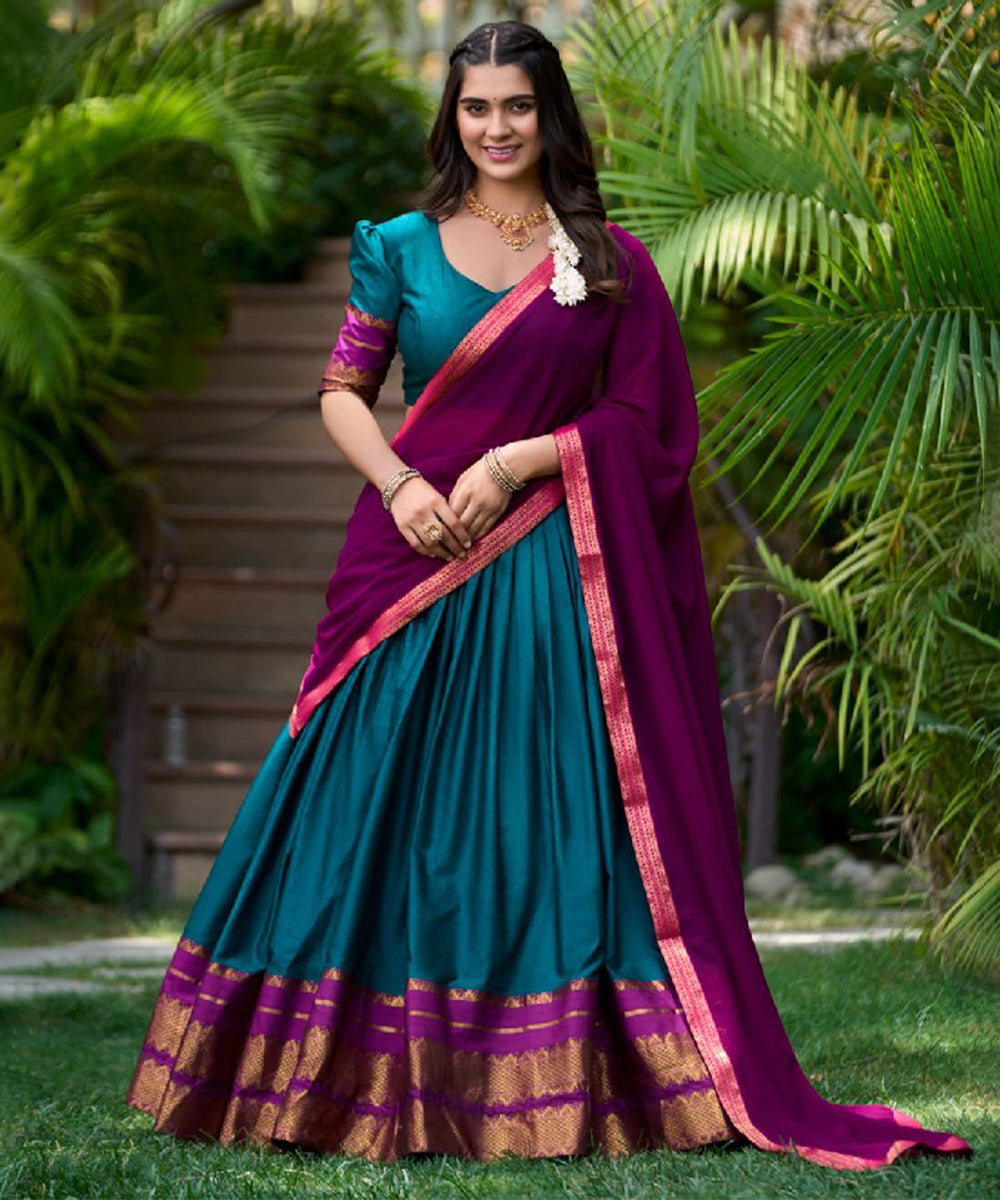 Teal Cotton-Poly Lehenga Choli with Zari Detailing