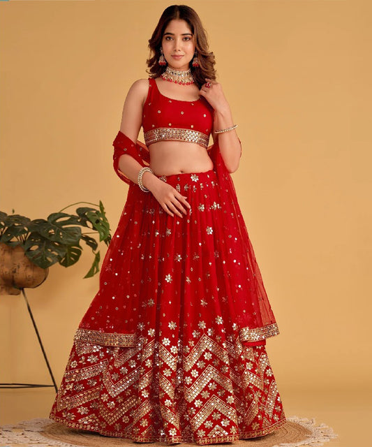 Red Georgette Lehenga Choli with Fine Thread Embroidery