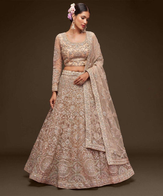 Beige Net Lehenga Choli with Delicate Thread Embroidery