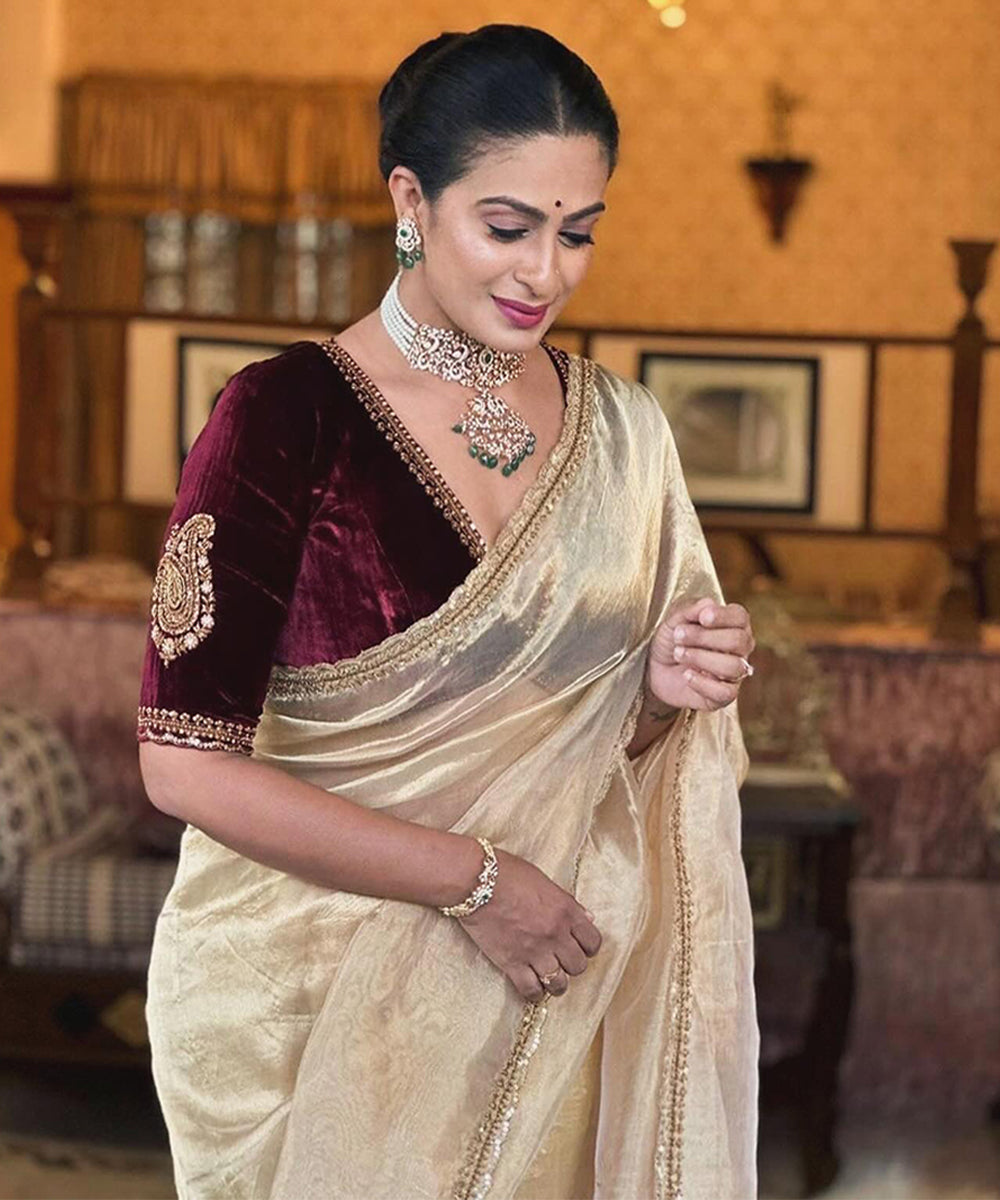 Elegant Cream Tissue Silk Saree with Velvet Embroidered Blouse