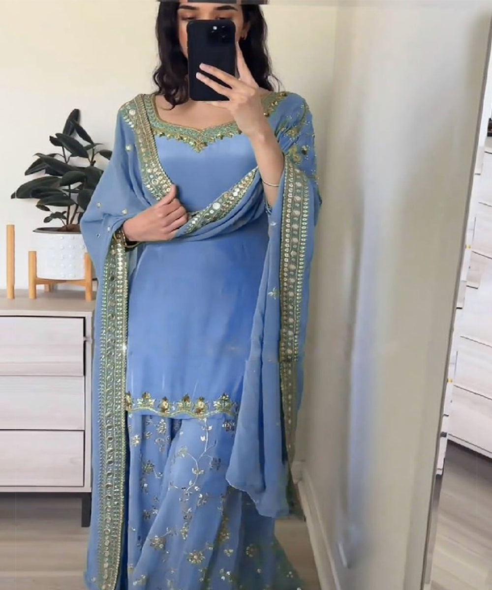 Blue Faux Georgette Embroidered Kurta with Pant & Dupatta