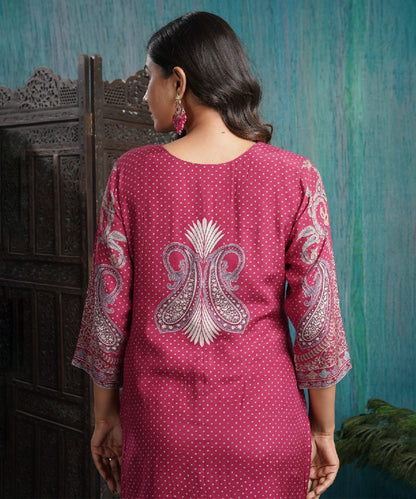 Dark Pink Cotton Hand Embroidery Kurta with Pant & Dupatta