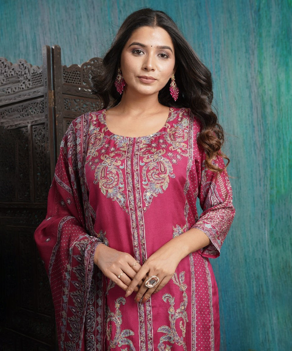 Dark Pink Cotton Hand Embroidery Kurta with Pant & Dupatta