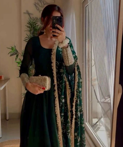 Green Faux Georgette Embroidered Kurta with Dupatta