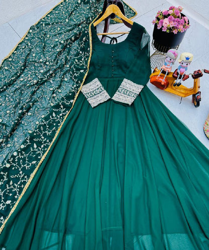 Green Faux Georgette Embroidered Kurta with Dupatta