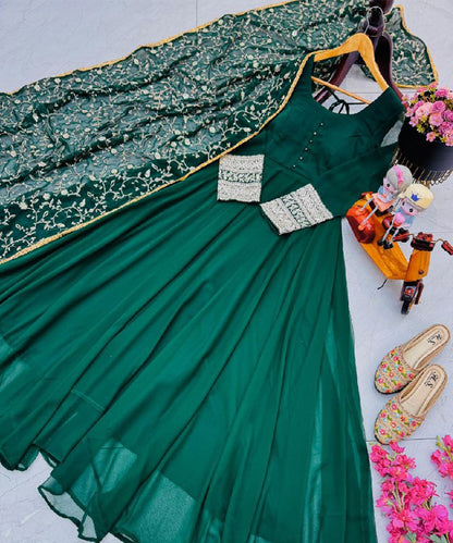 Green Faux Georgette Embroidered Kurta with Dupatta