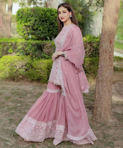 Pink Faux Georgette Embroidered Kurta with Pant & Dupatta