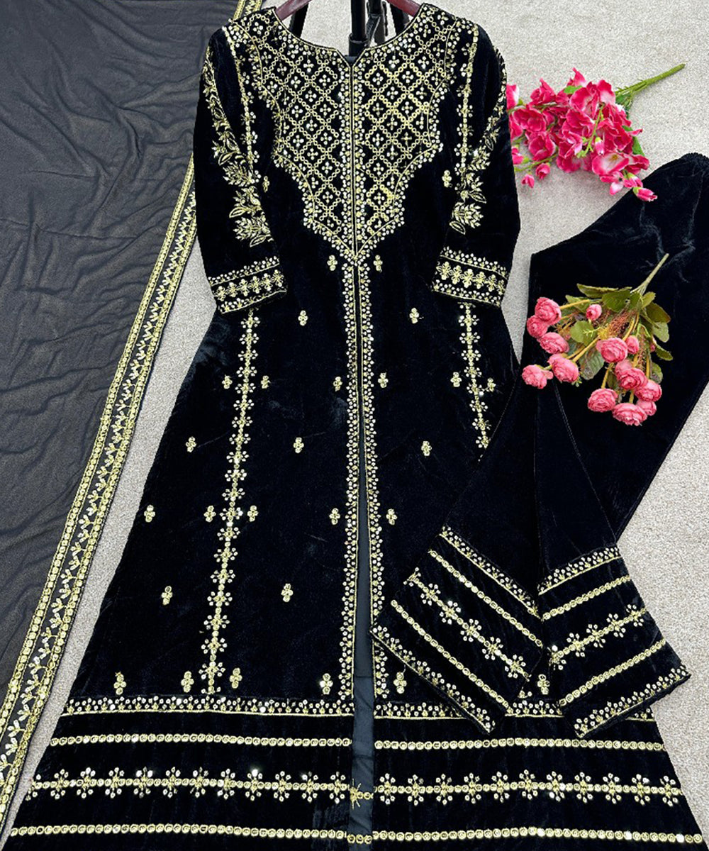 Black Viscose Embroidered Kurta with Pant & Dupatta