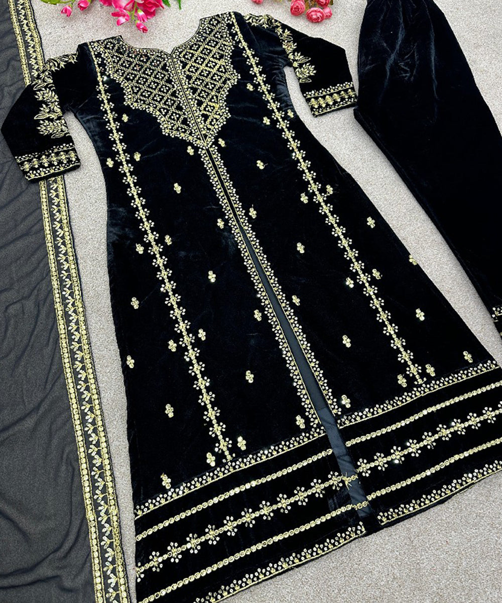 Black Viscose Embroidered Kurta with Pant & Dupatta