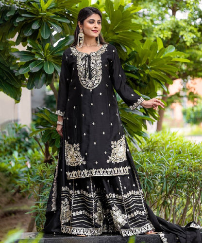 Black Silk Blend Embroidered Kurta with Pant & Dupatta