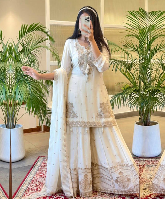 White Silk Blend Embroidered Kurta with Pant & Dupatta