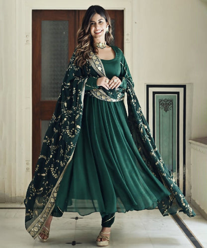 Green Faux Georgette Embroidered Kurta with Pant & Dupatta