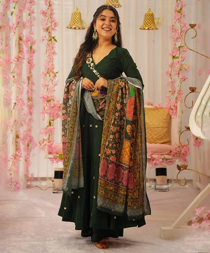 Green Art Silk Embroidered Kurta with Pant & Dupatta