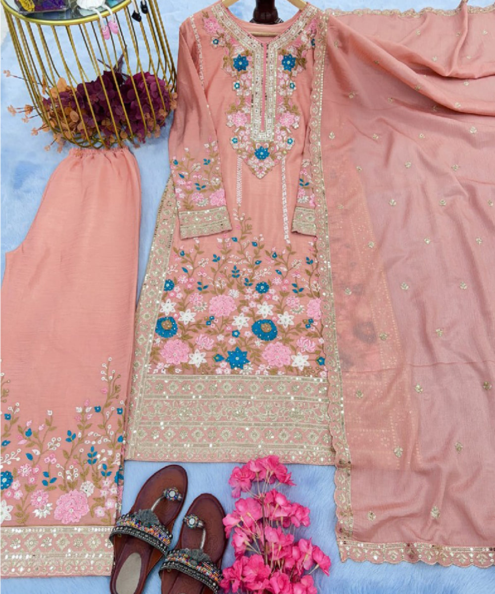 Peach Art Silk Embroidered Kurta with Pant & Dupatta