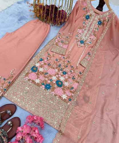 Peach Art Silk Embroidered Kurta with Pant & Dupatta