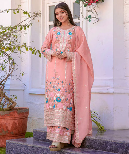 Peach Art Silk Embroidered Kurta with Pant & Dupatta