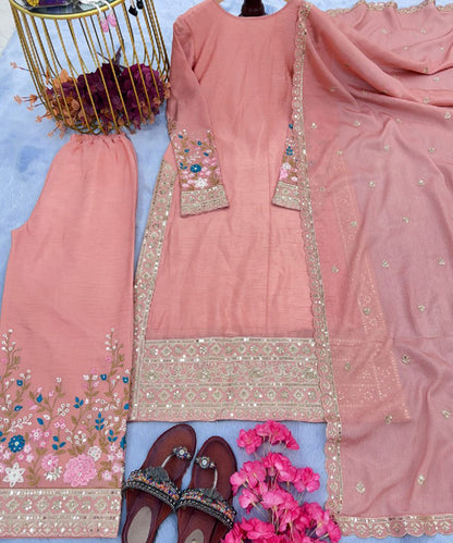 Peach Art Silk Embroidered Kurta with Pant & Dupatta