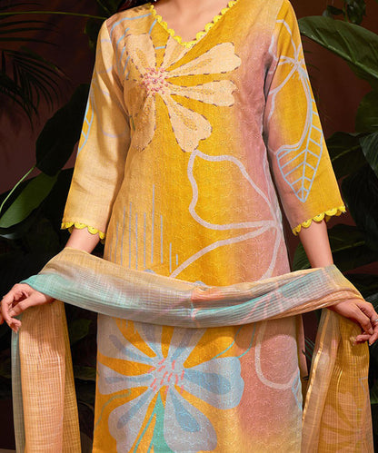 Mustard Cotton Printed Kurta with Pant & Dupatta