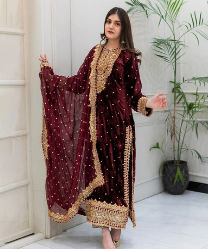 Maroon Georgette Embroidered Kurta with Pant & Dupatta