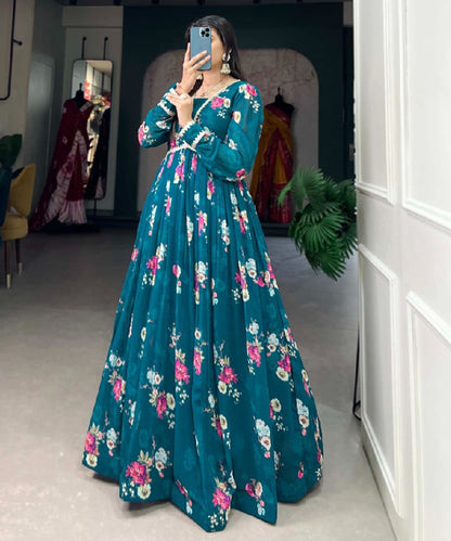 Teal Green Georgette Floral Print Gown