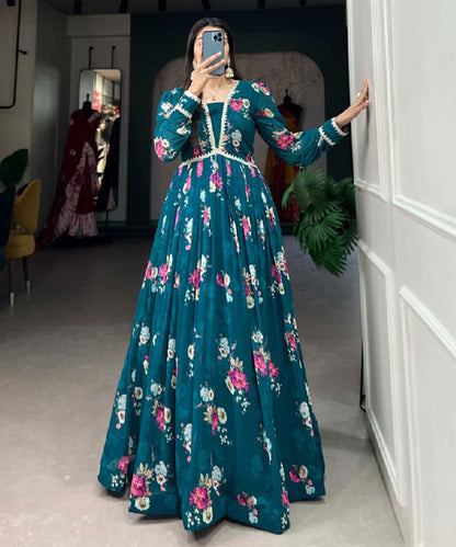 Teal Green Georgette Floral Print Gown