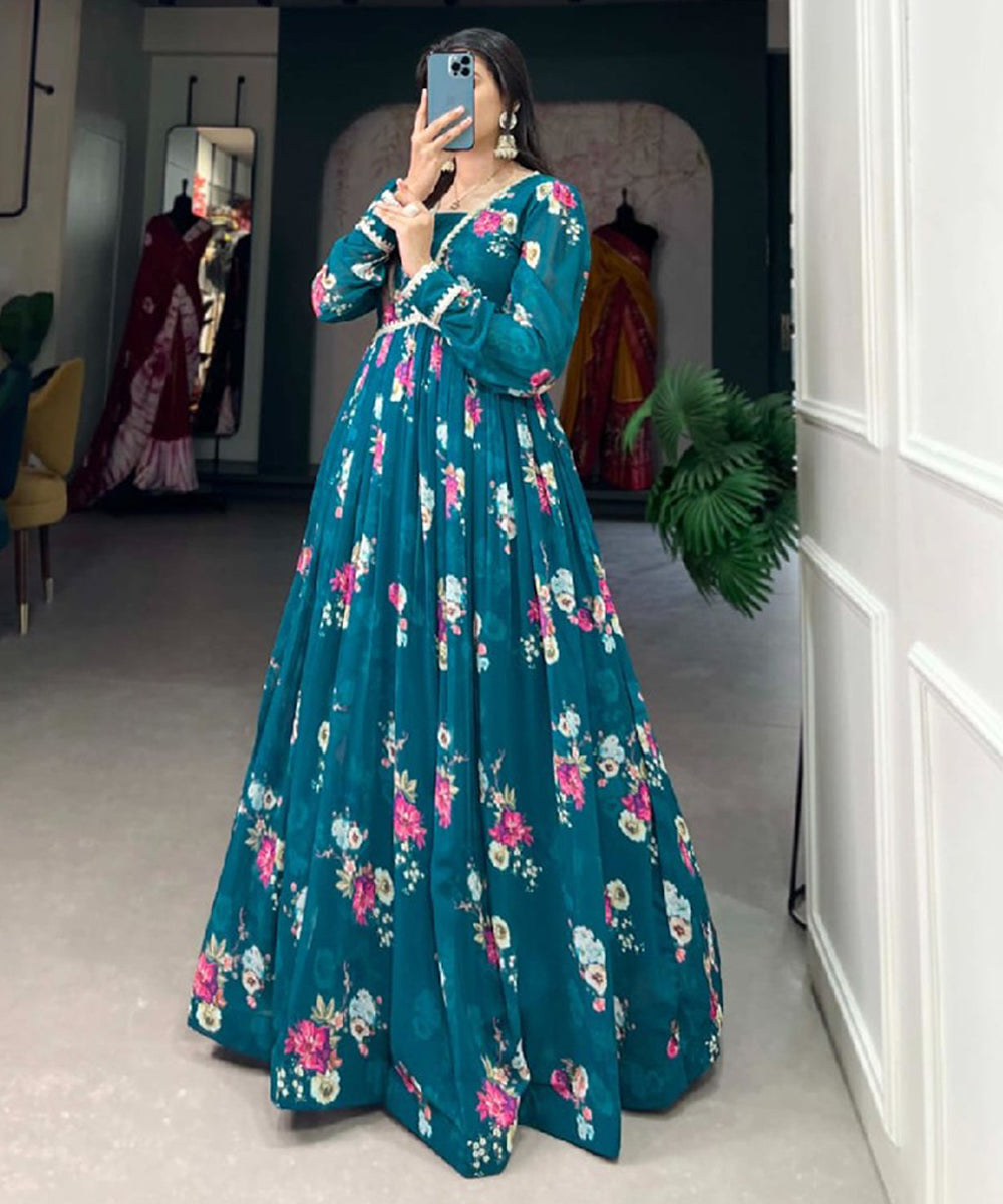 Teal Green Georgette Floral Print Gown