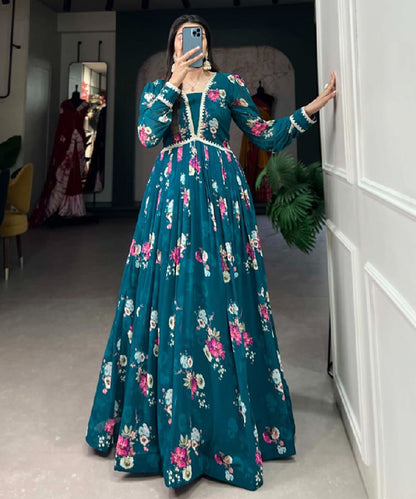 Teal Green Georgette Floral Print Gown