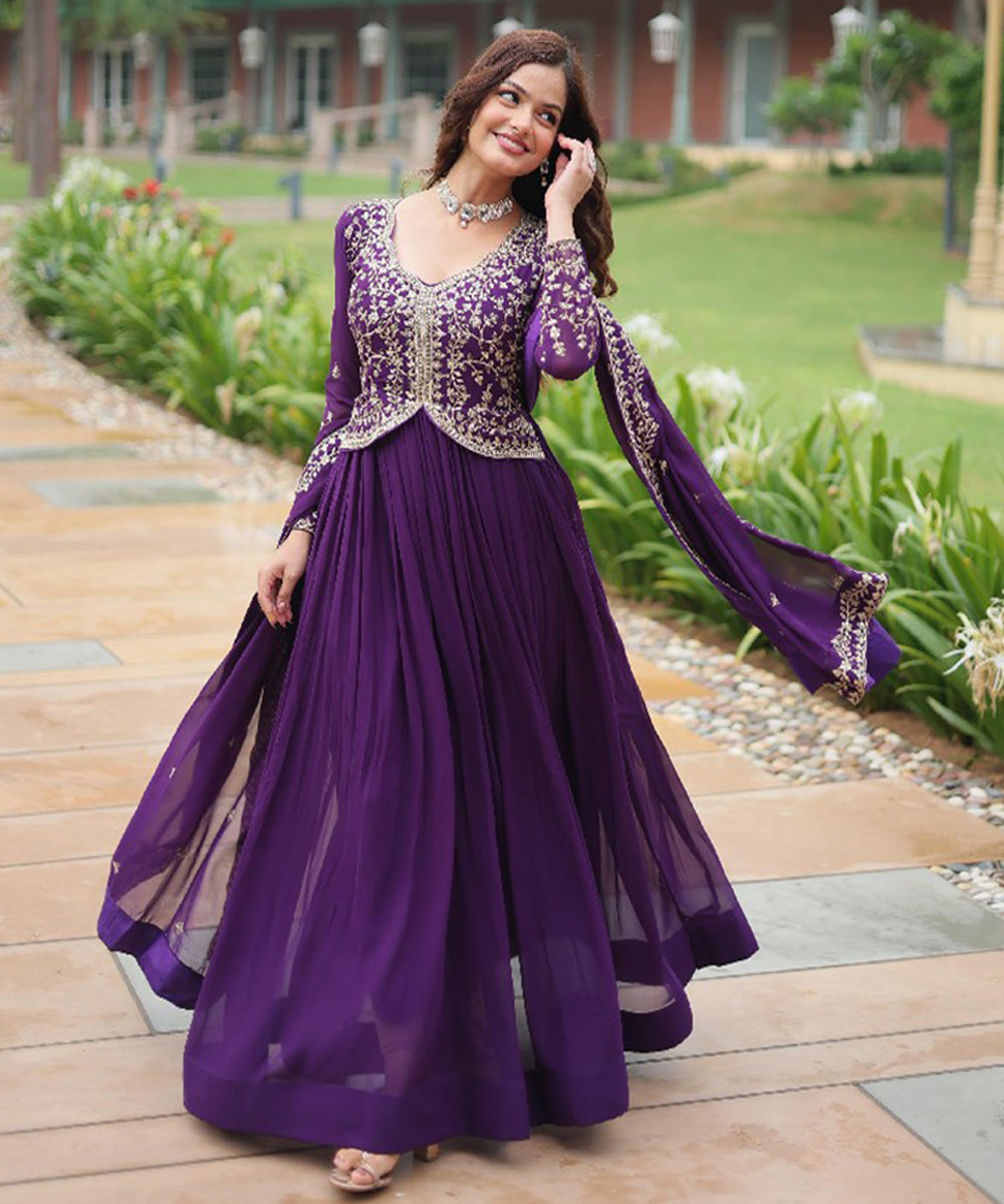 Purple Faux Georgette Embroidered Gown & Dupatta