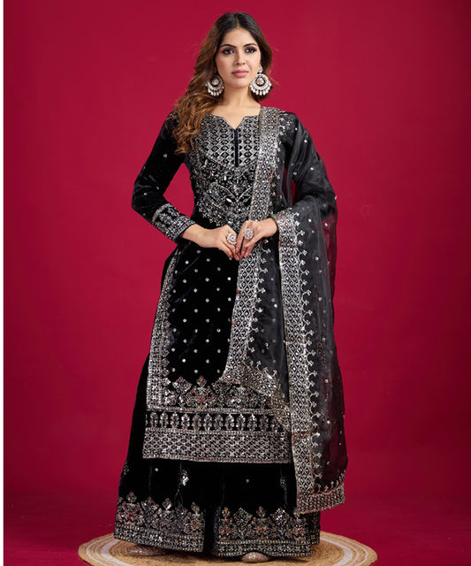 Black Viscose Embroidered Kurta with Pant & Dupatta