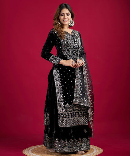 Black Viscose Embroidered Kurta with Pant & Dupatta