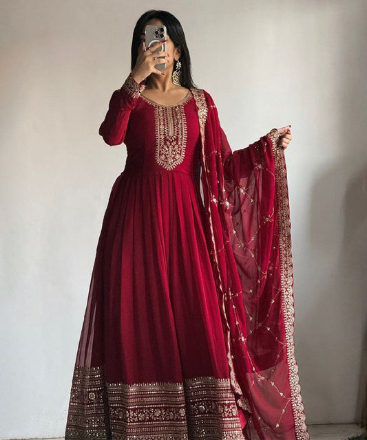 Red Faux Georgette Embroidered Gown & Dupatta