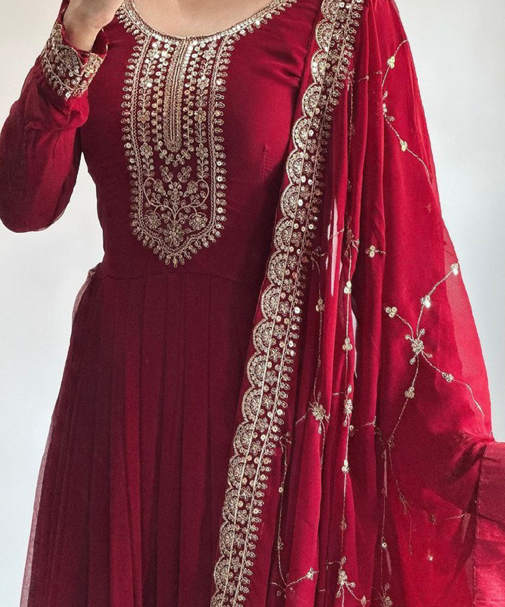 Red Faux Georgette Embroidered Gown & Dupatta