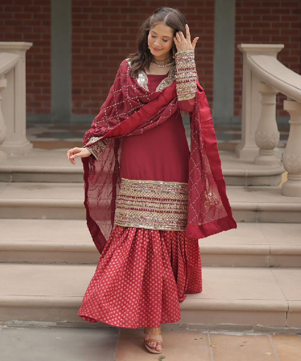 Maroon Viscose Embroidered Kurta with Pant & Dupatta