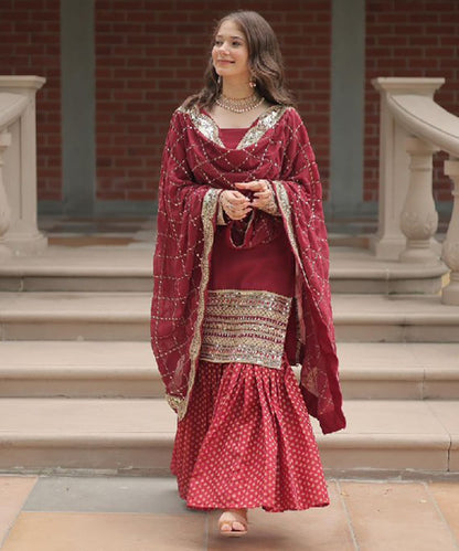 Maroon Viscose Embroidered Kurta with Pant & Dupatta