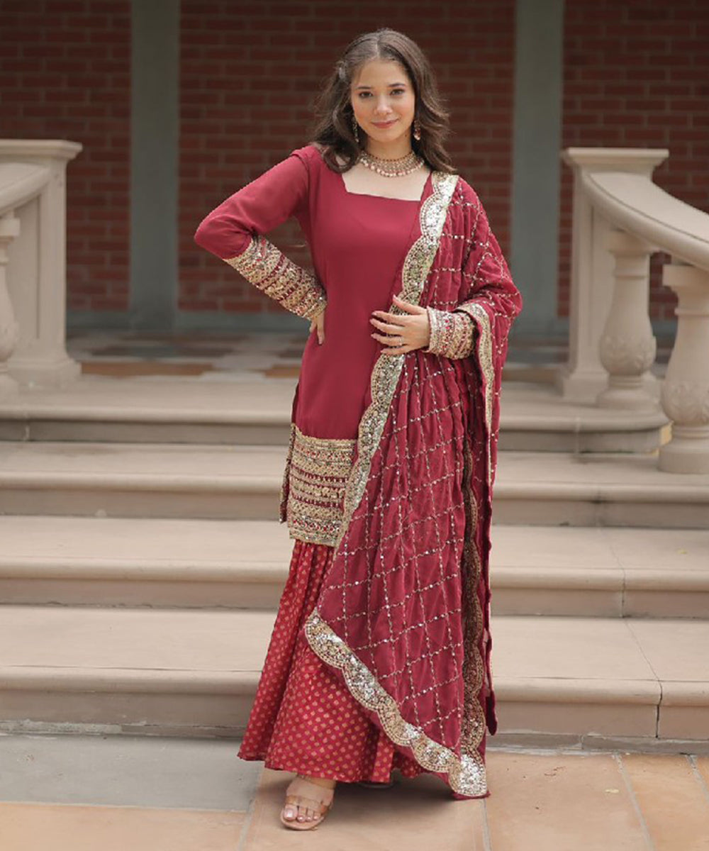 Maroon Viscose Embroidered Kurta with Pant & Dupatta