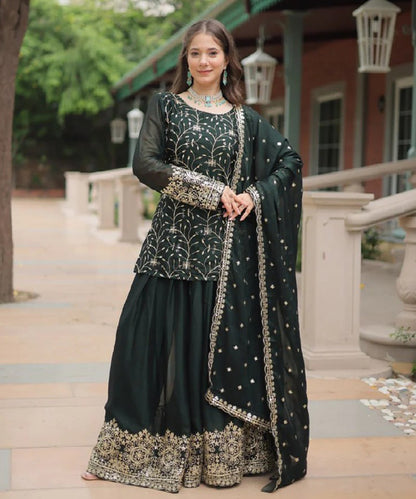 Green Art Silk Embroidered Kurta with Pant & Dupatta