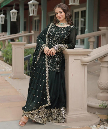 Green Art Silk Embroidered Kurta with Pant & Dupatta