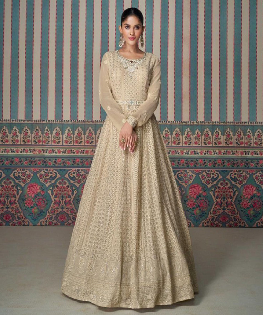 Cream Art Silk Embroidered Kurta with Pant & Dupatta